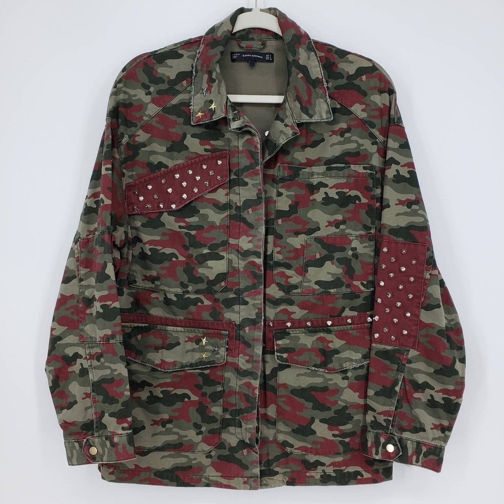 Zara Camo Utility Jacket Camouflage Studded Distressed Cotton Coat Green Red XS